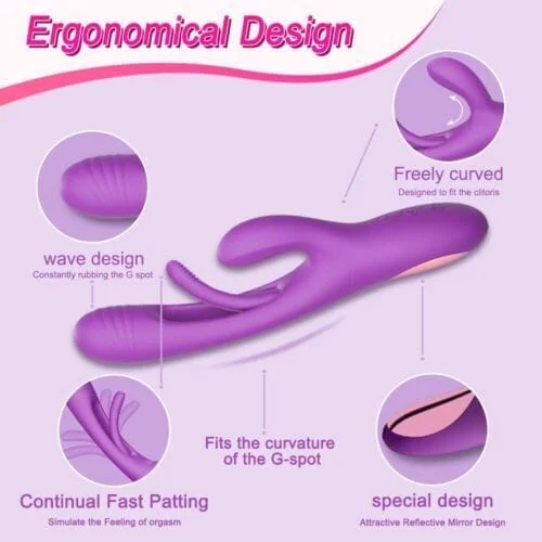 3 in 1 Finger Patting G-spot Rabbit Clitoral Stimulator Flapping Dildo Vibrator Purple QS-101