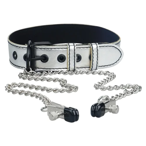 Bondage Fetish Metallic Silver Collar With Nipple Clamp LV762
