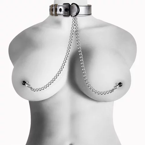 Bondage Fetish Metallic Silver Collar With Nipple Clamp LV762