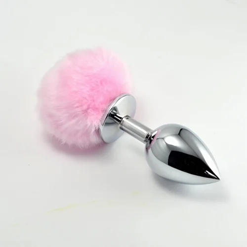 Small Size Metallic Anal Plug With Short Pink Bunny Tail PMP2